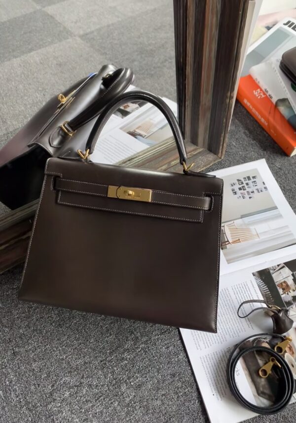 i1728802222_2882_0 Old Cobbler Kelly Shiny Box Leather Ebony Color Gold Hardware 28cm Full Handmade