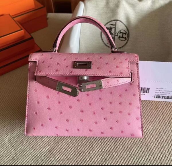 Old Cobbler Mini Kelly Ostrich Leather Bubble Pink Silver Hardware 19cm Full Handmade