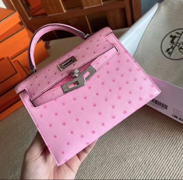 Old Cobbler Mini Kelly Ostrich Leather Bubble Pink Silver Hardware 19cm Full Handmade