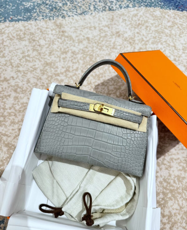 i1753597960291_9326_0_0 Old Cobbler Factory Mini Kelly Matte Alligator Crocodile 0V Gris Grey Gold Hardware 19cm Full Handmade