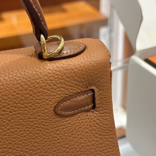 Old Cobbler Factory Kelly Touch Togo & Matte Crocodile CK37 Golden Brown Silver Hardware 25cm Full Handmade
