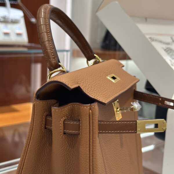 Old Cobbler Factory Kelly Touch Togo & Matte Crocodile CK37 Golden Brown Silver Hardware 25cm Full Handmade