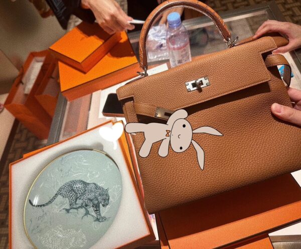 Old Cobbler Factory Kelly Touch Togo & Matte Crocodile CK37 Golden Brown Silver Hardware 25cm Full Handmade