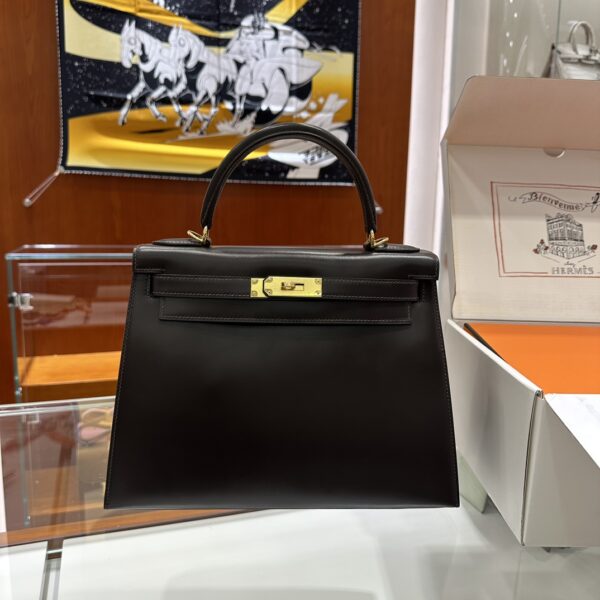 wsxc1779199346473_0-1 Old Cobbler Kelly Shiny Box Leather Ebony Color Gold Hardware 28cm Full Handmade