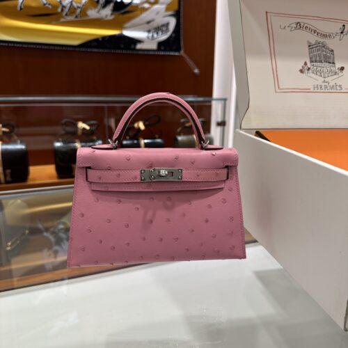 wsxc1779810720018_0-1 Old Cobbler Mini Kelly Ostrich Leather Bubble Pink Silver Hardware 19cm Full Handmade