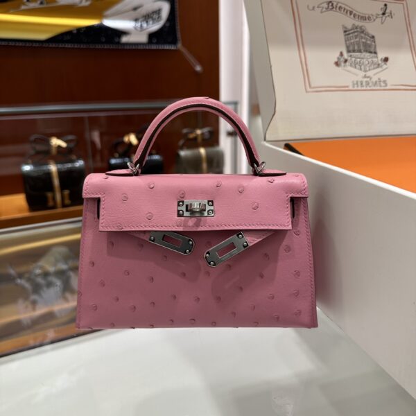 Old Cobbler Mini Kelly Ostrich Leather Bubble Pink Silver Hardware 19cm Full Handmade