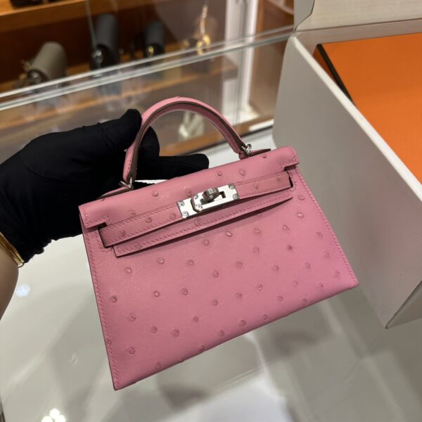 Old Cobbler Mini Kelly Ostrich Leather Bubble Pink Silver Hardware 19cm Full Handmade