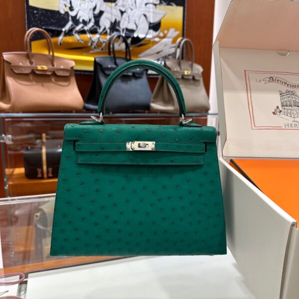Old Cobbler Mini Kelly Ostrich Leather Forest Green Silver Hardware 19cm Full Handmade