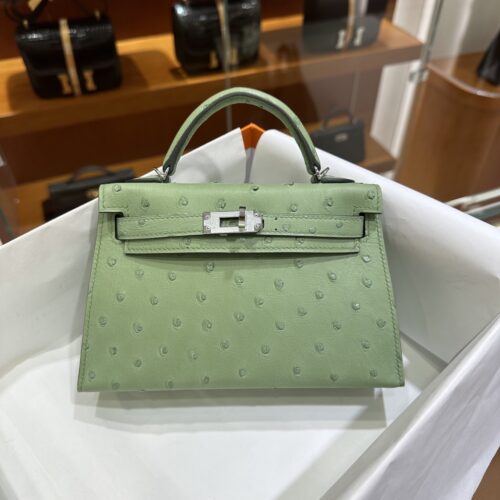 wsxc1779810772587_0-1 Old Cobbler Mini Kelly Ostrich Leather Olive Green Silver Hardware 19cm Full Handmade