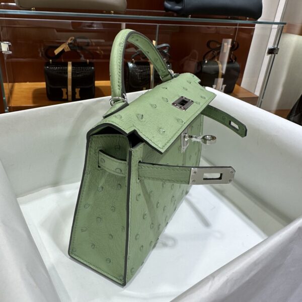 wsxc1779810772587_2-1 Old Cobbler Mini Kelly Ostrich Leather Olive Green Silver Hardware 19cm Full Handmade