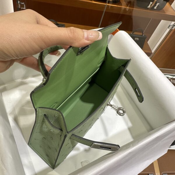 wsxc1779810772587_3-1 Old Cobbler Mini Kelly Ostrich Leather Olive Green Silver Hardware 19cm Full Handmade