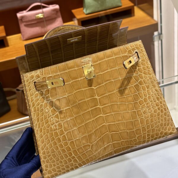 wsxc1782990474895_10 Old Cobbler Kelly Shiny Alligator Crocodile Khaki Yellow Light Gold Hardware 25cm Full Handmade