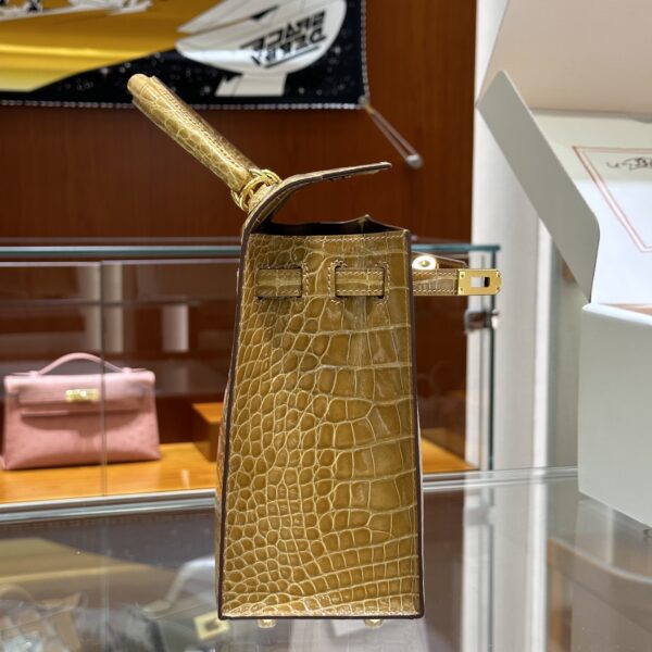 wsxc1782990474895_11 Old Cobbler Kelly Shiny Alligator Crocodile Khaki Yellow Light Gold Hardware 25cm Full Handmade