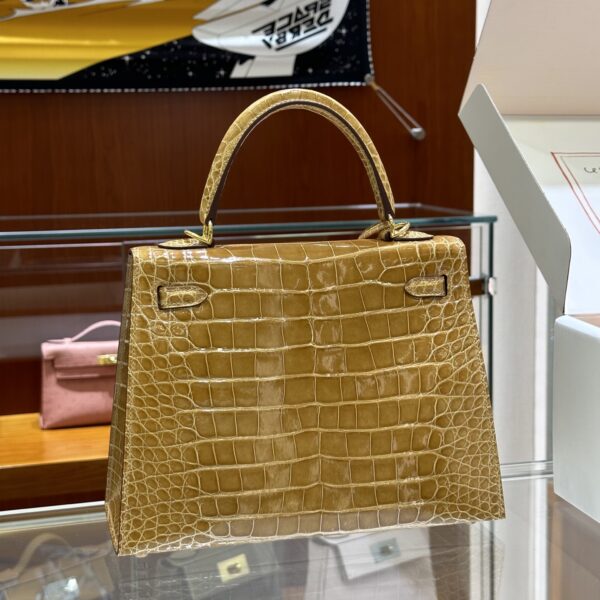 wsxc1782990474895_13 Old Cobbler Kelly Shiny Alligator Crocodile Khaki Yellow Light Gold Hardware 25cm Full Handmade