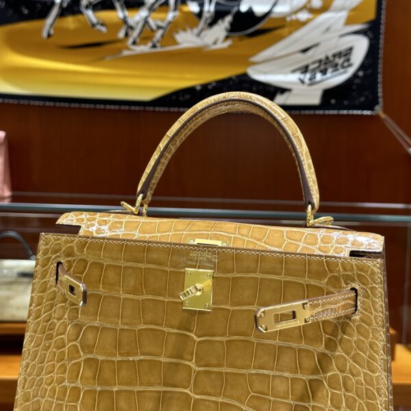 wsxc1782990474895_4 Old Cobbler Kelly Shiny Alligator Crocodile Khaki Yellow Light Gold Hardware 25cm Full Handmade