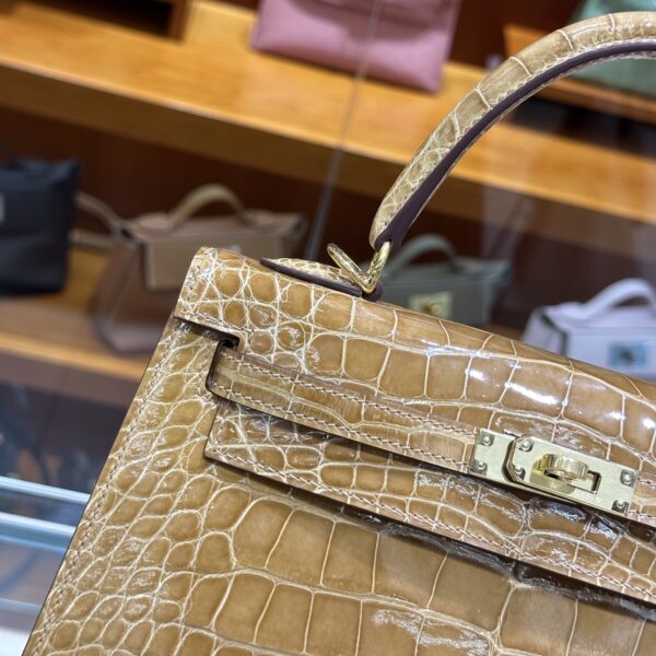 wsxc1782990474895_6 Old Cobbler Kelly Shiny Alligator Crocodile Khaki Yellow Light Gold Hardware 25cm Full Handmade