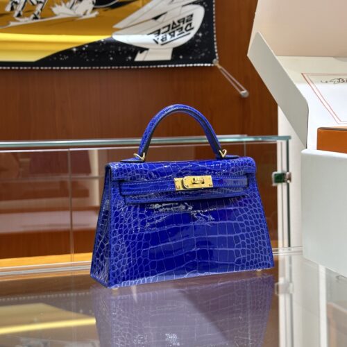 wsxc1782990519026_0 Old Cobbler Mini Kelly Shiny Alligator Crocodile 7T Electric Blue Gold Hardware 19cm Full Handmade