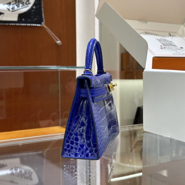 wsxc1782990519026_1 Old Cobbler Mini Kelly Shiny Alligator Crocodile 7T Electric Blue Gold Hardware 19cm Full Handmade