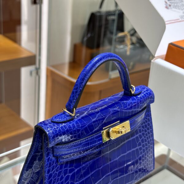 wsxc1782990519026_3 Old Cobbler Mini Kelly Shiny Alligator Crocodile 7T Electric Blue Gold Hardware 19cm Full Handmade
