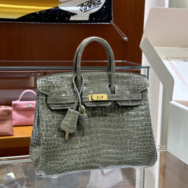 Old Cobbler Birkin Shiny Porosus Crocodile CK81 Turtledove Grey Gold Hardware 25cm Full Handmade