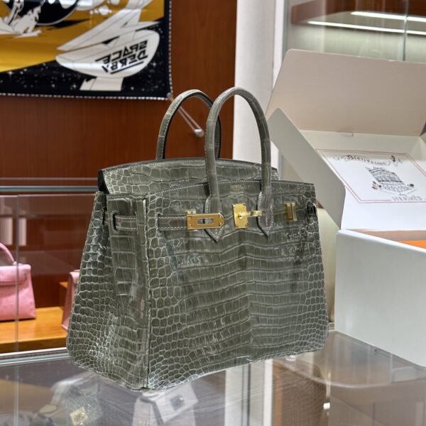 Old Cobbler Birkin Shiny Porosus Crocodile CK81 Turtledove Grey Gold Hardware 25cm Full Handmade