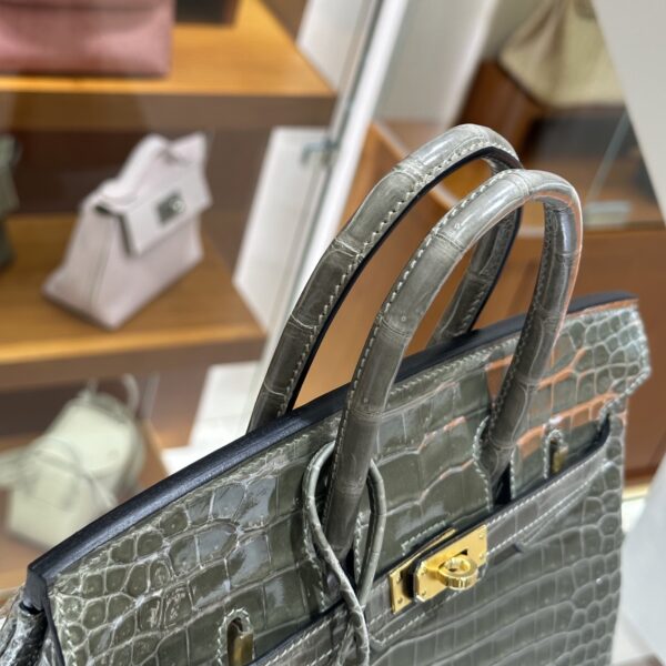 Old Cobbler Birkin Shiny Porosus Crocodile CK81 Turtledove Grey Gold Hardware 25cm Full Handmade