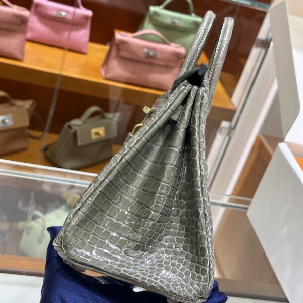 Old Cobbler Birkin Shiny Porosus Crocodile CK81 Turtledove Grey Gold Hardware 25cm Full Handmade