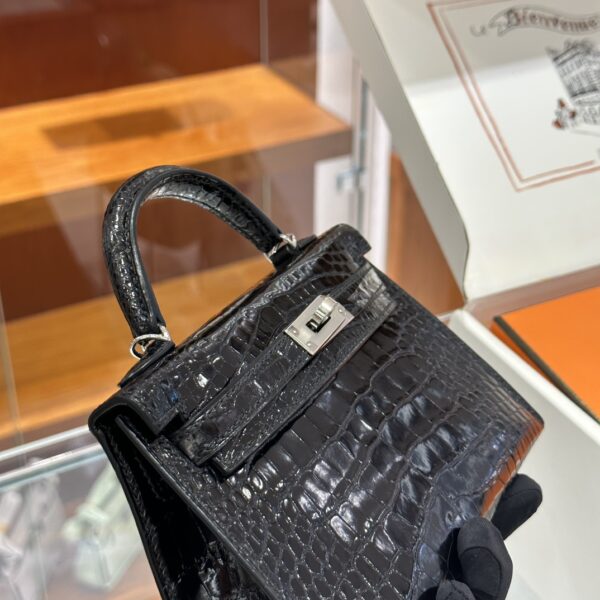 wsxc1783242921888_1 Old Cobbler Mini Kelly Shiny Alligator Crocodile CK89 Black Silver Hardware 19cm Full Handmade