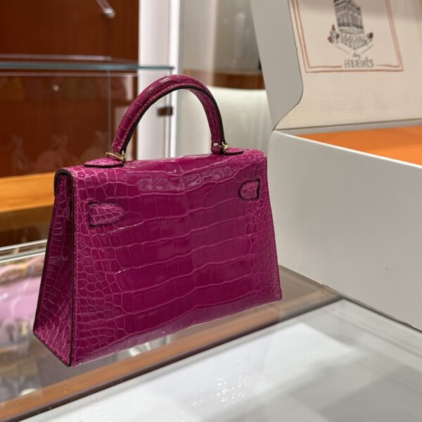 Old Cobbler Mini Kelly Shiny Alligator Crocodile Rose Purple Pink Gold Hardware 19cm Full Handmade