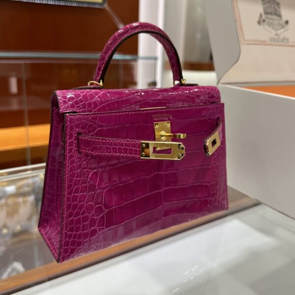 Old Cobbler Mini Kelly Shiny Alligator Crocodile Rose Purple Pink Gold Hardware 19cm Full Handmade