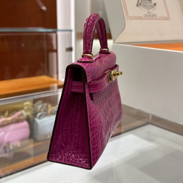 Old Cobbler Mini Kelly Shiny Alligator Crocodile Rose Purple Pink Gold Hardware 19cm Full Handmade