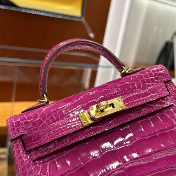 Old Cobbler Mini Kelly Shiny Alligator Crocodile Rose Purple Pink Gold Hardware 19cm Full Handmade