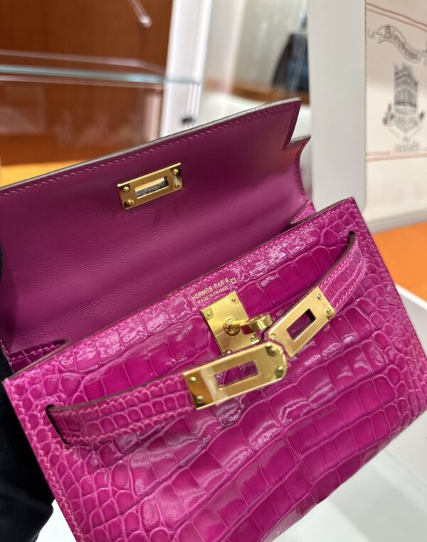 Old Cobbler Mini Kelly Shiny Alligator Crocodile Rose Purple Pink Gold Hardware 19cm Full Handmade