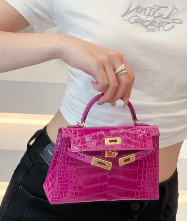 Old Cobbler Mini Kelly Shiny Alligator Crocodile Rose Purple Pink Gold Hardware 19cm Full Handmade
