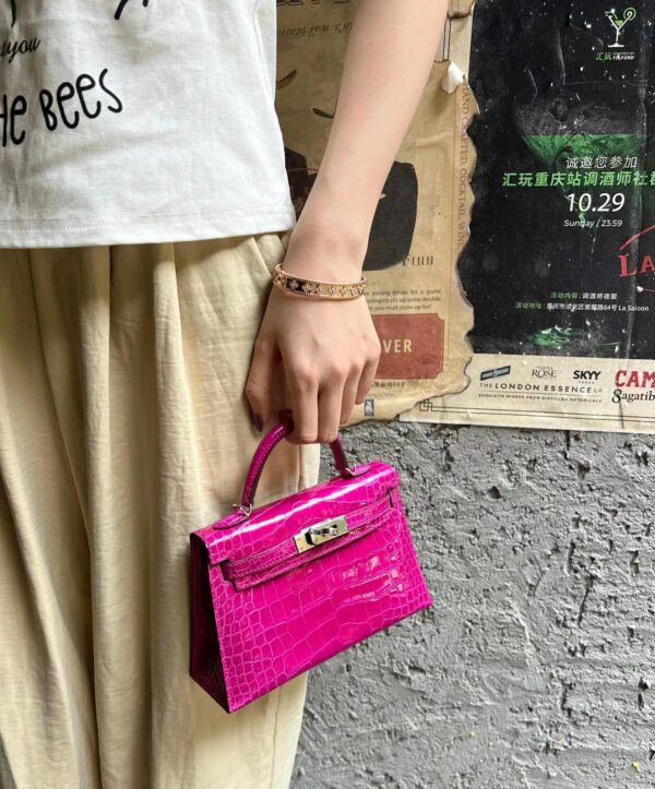 Old Cobbler Mini Kelly Shiny Alligator Crocodile Rose Purple Pink Gold Hardware 19cm Full Handmade