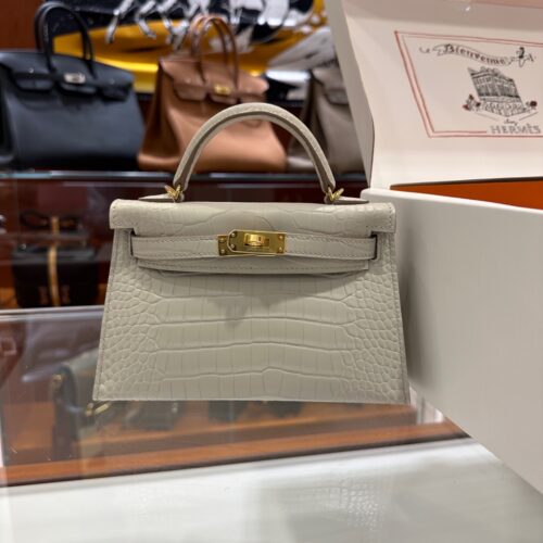 wsxc1783764272089_0 Old Cobbler Factory Mini Kelly Matte Alligator Crocodile Ice White Gold Hardware 19cm Full Handmade