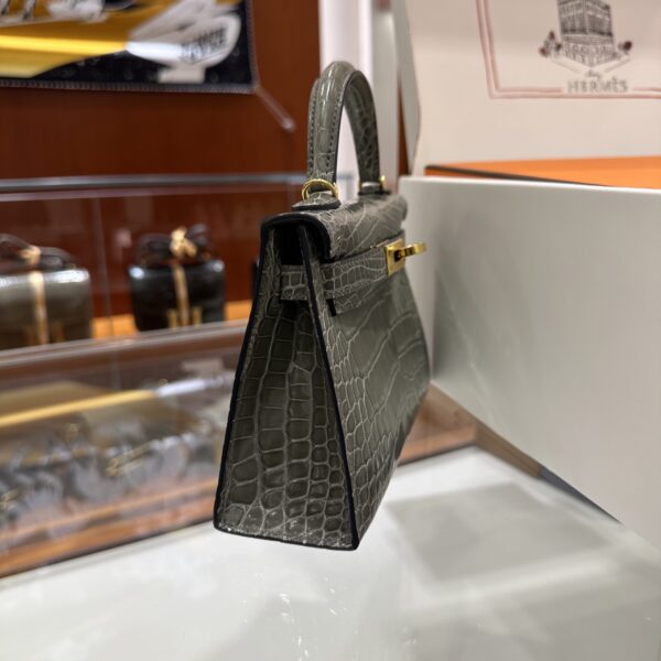 Old Cobbler Factory Mini Kelly Shiny Alligator Crocodile Turtledove Grey Gold Hardware 19cm Full Handmade