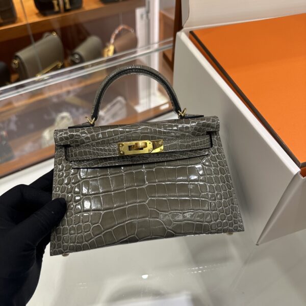 Old Cobbler Factory Mini Kelly Shiny Alligator Crocodile Turtledove Grey Gold Hardware 19cm Full Handmade