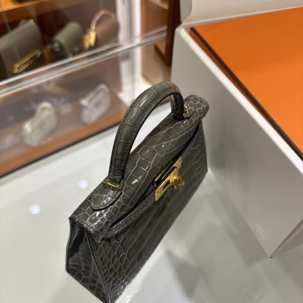 Old Cobbler Factory Mini Kelly Shiny Alligator Crocodile Turtledove Grey Gold Hardware 19cm Full Handmade