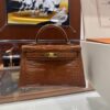 Old Cobbler Factory Mini Kelly Shiny Alligator Crocodile Honey Brown Gold Hardware 19cm Full Handmade
