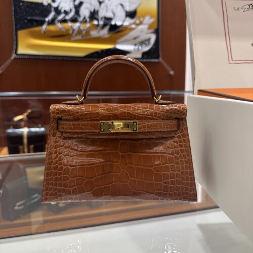 wsxc1783764348741_0 Old Cobbler Factory Mini Kelly Shiny Alligator Crocodile Honey Brown Gold Hardware 19cm Full Handmade