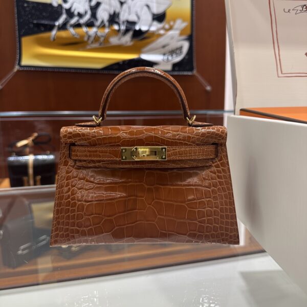 Old Cobbler Factory Mini Kelly Shiny Alligator Crocodile Honey Brown Gold Hardware 19cm Full Handmade