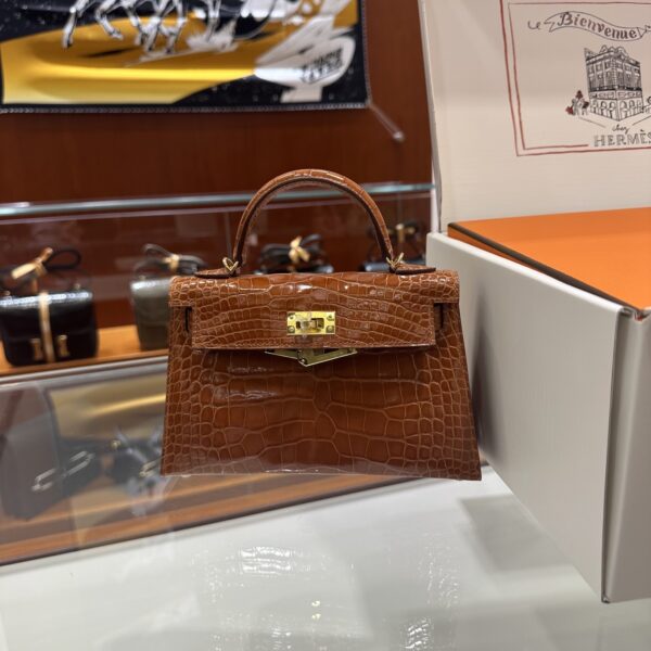 Old Cobbler Factory Mini Kelly Shiny Alligator Crocodile Honey Brown Gold Hardware 19cm Full Handmade