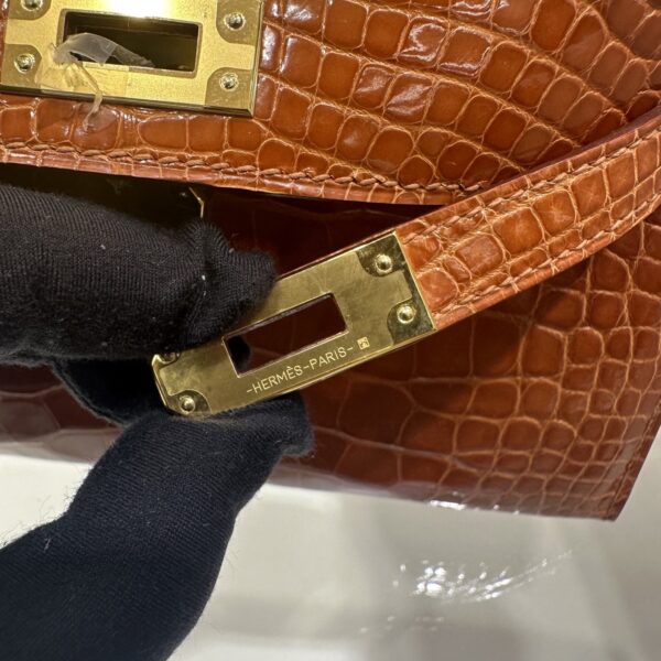 Old Cobbler Factory Mini Kelly Shiny Alligator Crocodile Honey Brown Gold Hardware 19cm Full Handmade