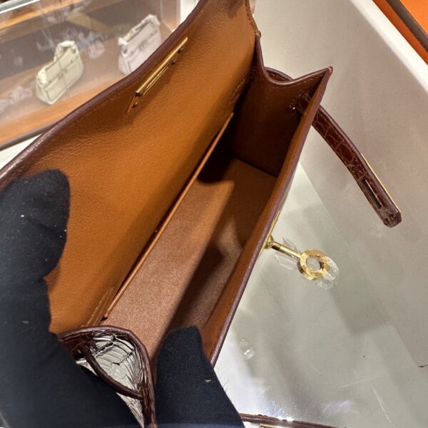 Old Cobbler Factory Mini Kelly Shiny Alligator Crocodile Honey Brown Gold Hardware 19cm Full Handmade
