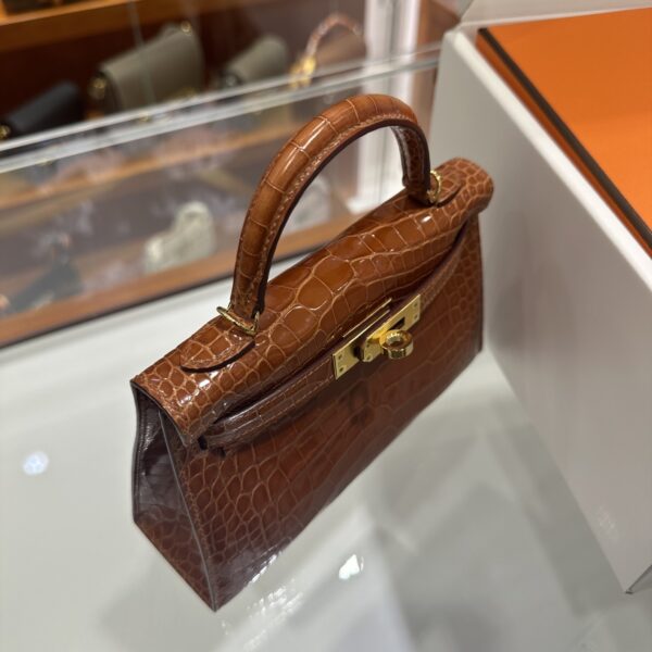 Old Cobbler Factory Mini Kelly Shiny Alligator Crocodile Honey Brown Gold Hardware 19cm Full Handmade