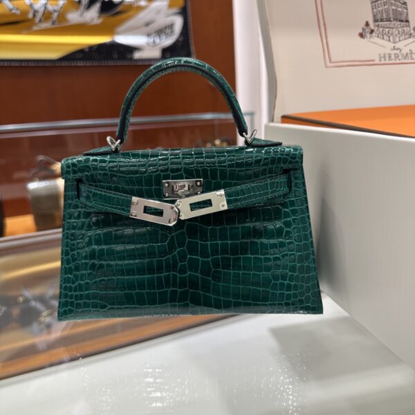 wsxc1783764369998_4 Old Cobbler Factory Mini Kelly Shiny Alligator Crocodile Emerald Green Silver Hardware 19cm Full Handmade