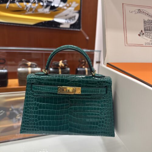 wsxc1783764386660_0 Old Cobbler Factory Mini Kelly Shiny Alligator Crocodile Emerald Green Gold Hardware 19cm Full Handmade