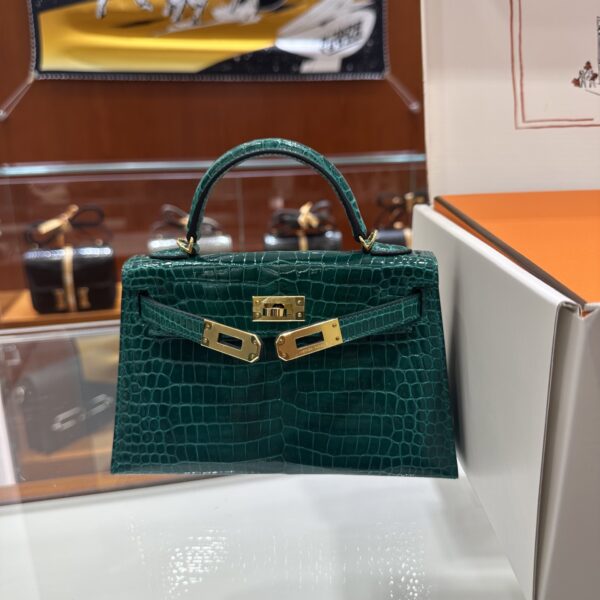 Old Cobbler Factory Mini Kelly Shiny Alligator Crocodile Emerald Green Gold Hardware 19cm Full Handmade