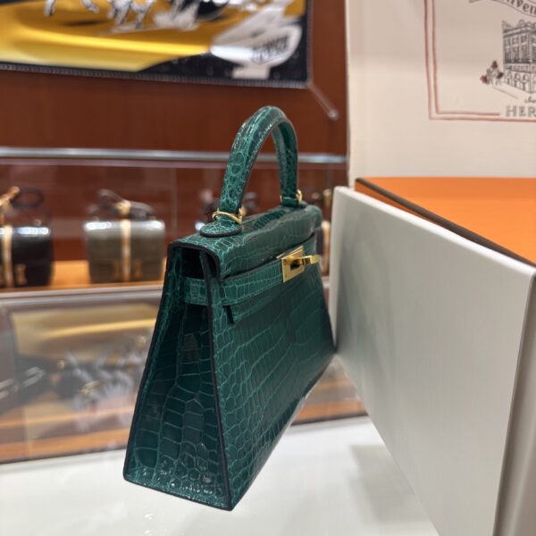 Old Cobbler Factory Mini Kelly Shiny Alligator Crocodile Emerald Green Gold Hardware 19cm Full Handmade